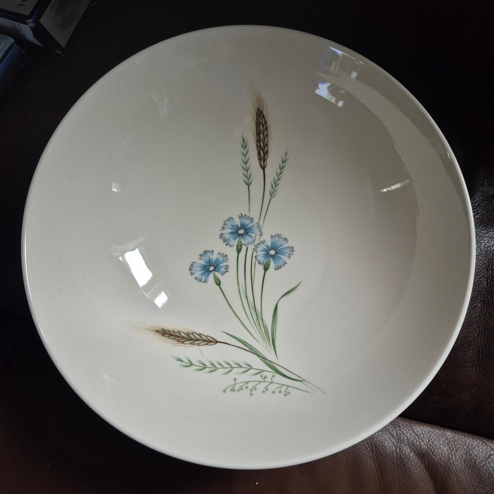 Vintage Prairie Flower Japan Ceramic Serving Bowl Blue Cornflower Wheat White